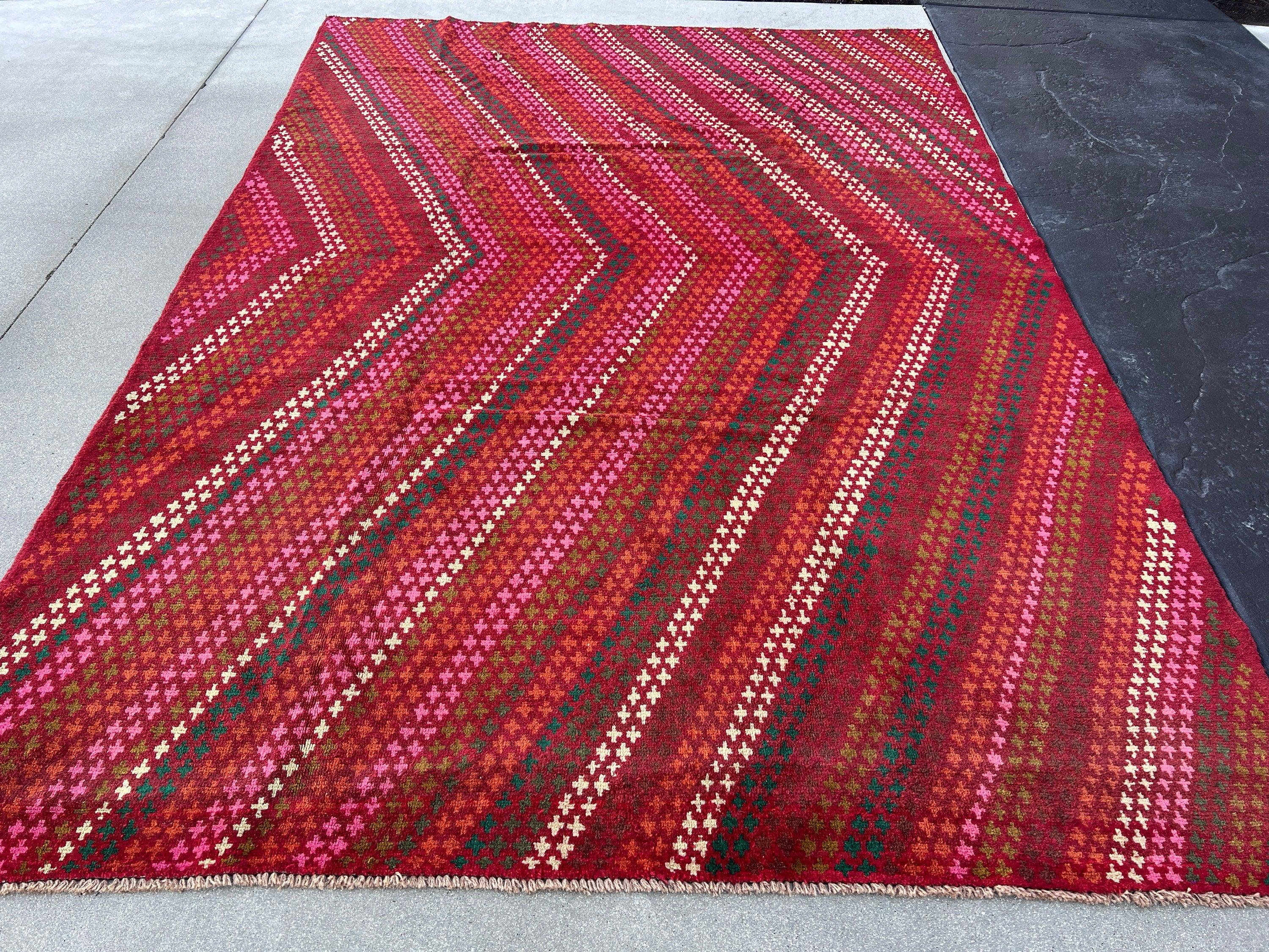 7x10 (215x305) Handmade Vintage Baluch Afghan Rug | Burgundy Red Pine Green Burnt Orange Chocolate Cream Beige Olive Green Blush Pink | Wool