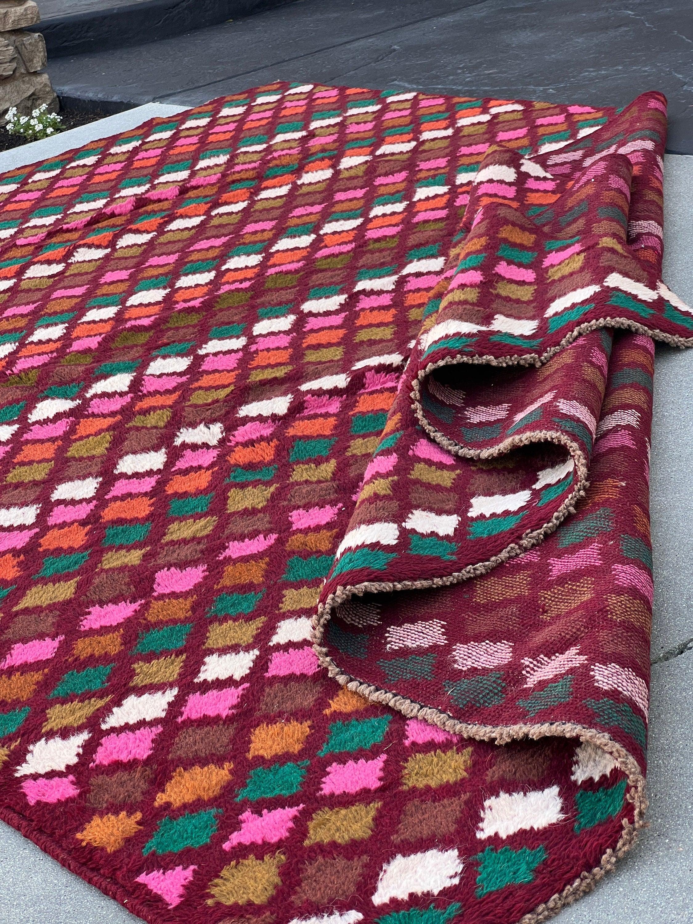 7x10 (215x305) Handmade Vintage Baluch Afghan Rug | Purple Ivory Olive Green Blush Pink Chocolate Pine Green Burnt Orange | Knotted Wool