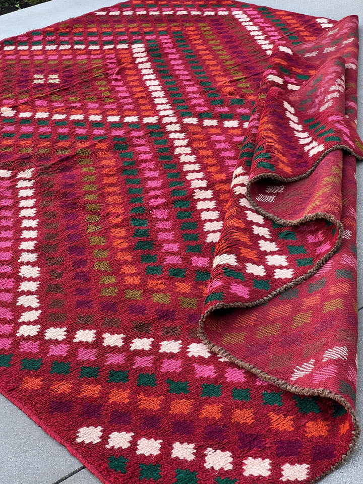 7x10 (215x305) Handmade Vintage Baluch Afghan Rug | Burgundy Red Pine Green Burnt Orange Chocolate Cream Beige Olive Green Blush Pink | Wool