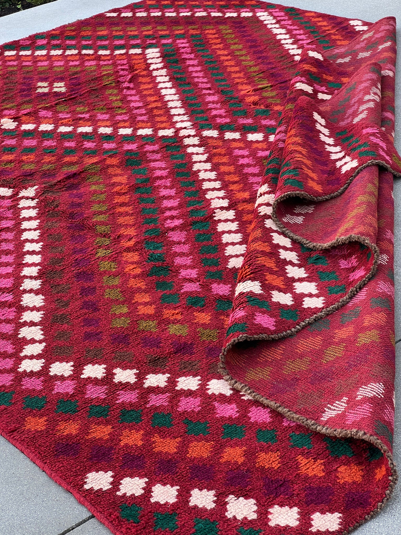 7x10 (215x305) Handmade Vintage Baluch Afghan Rug | Burgundy Red Pine Green Burnt Orange Chocolate Cream Beige Olive Green Blush Pink | Wool