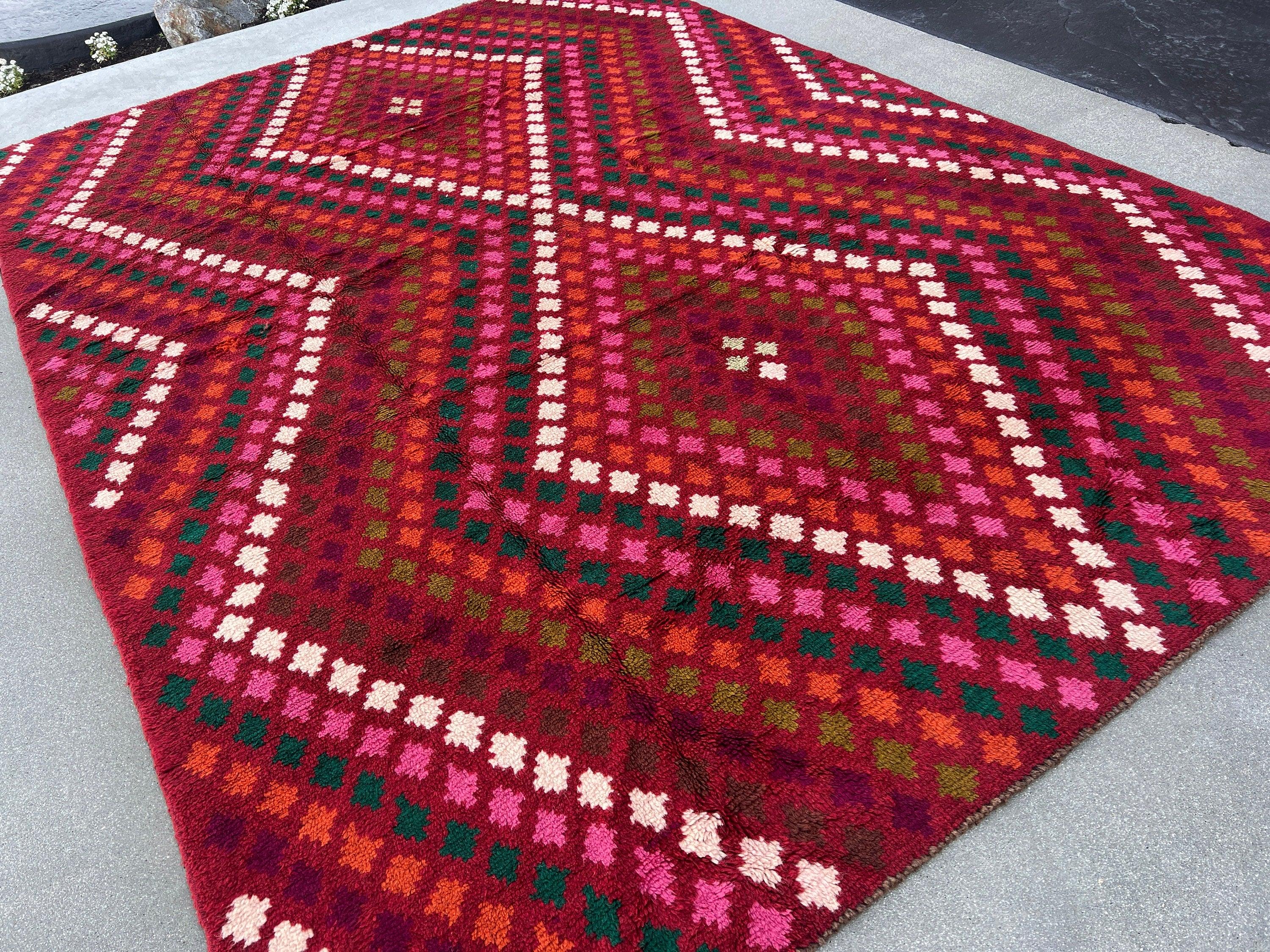 7x10 (215x305) Handmade Vintage Baluch Afghan Rug | Burgundy Red Pine Green Burnt Orange Chocolate Cream Beige Olive Green Blush Pink | Wool