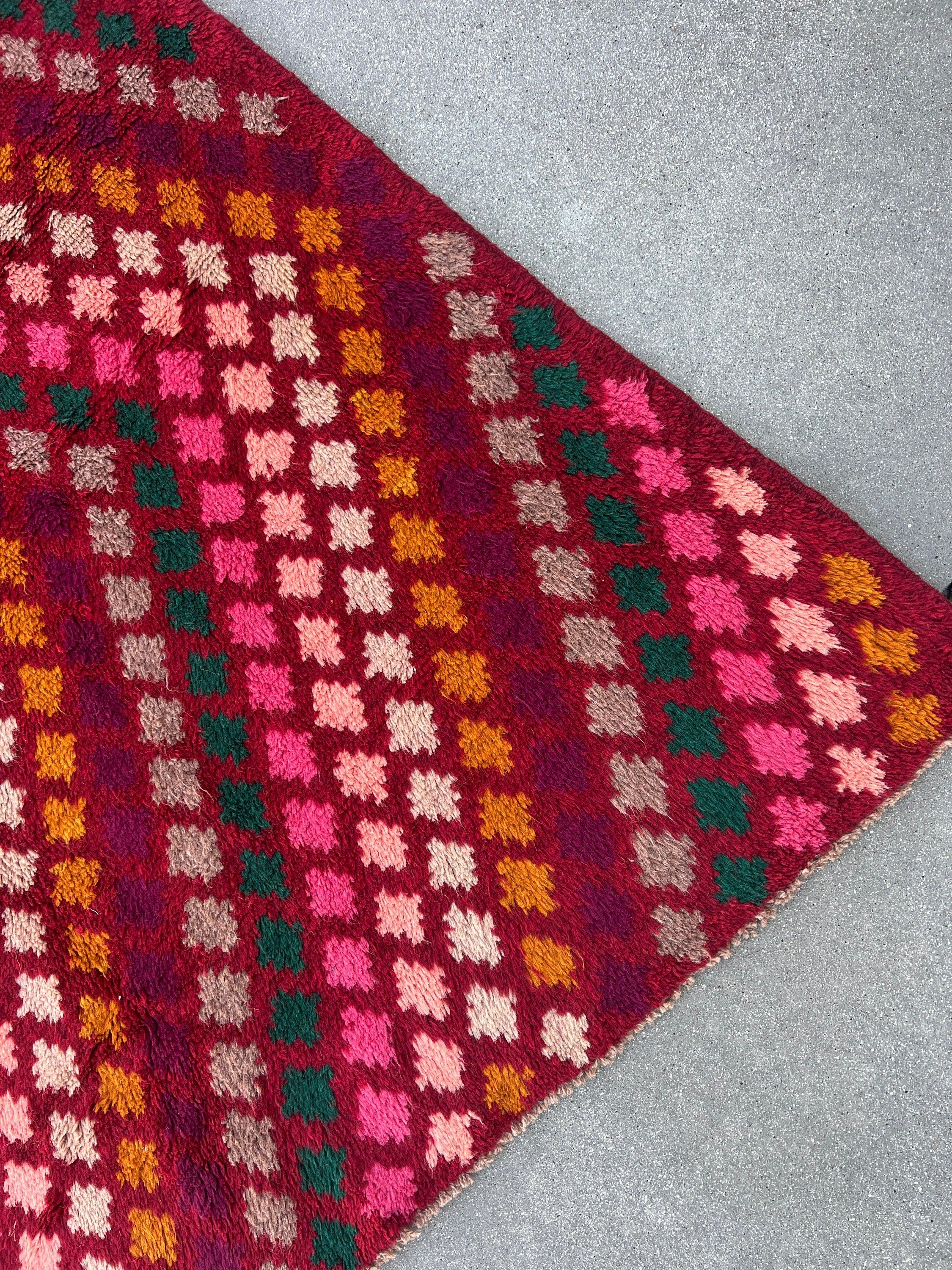 7x10 (215x305) Handmade Vintage Baluch Afghan Rug | Burgundy Red Ivory Pine Green Pink Eggplant Purple Orange Blush Pink Grey | Wool Boho