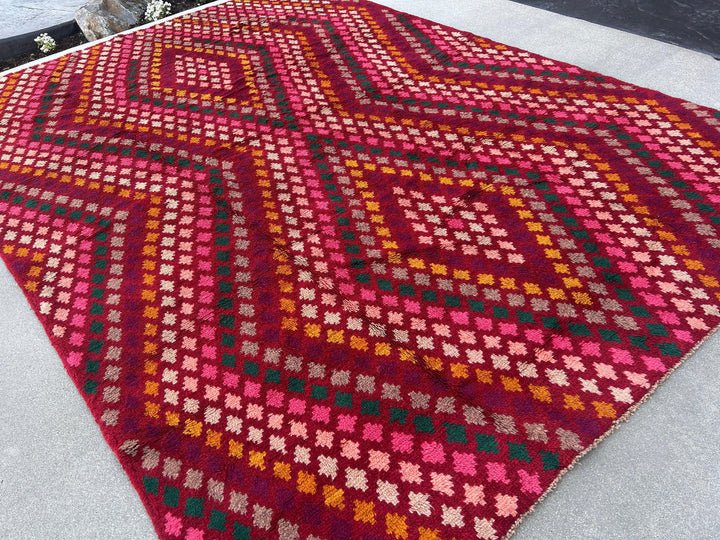 7x10 (215x305) Handmade Vintage Baluch Afghan Rug | Burgundy Red Ivory Pine Green Pink Eggplant Purple Orange Blush Pink Grey | Wool Boho