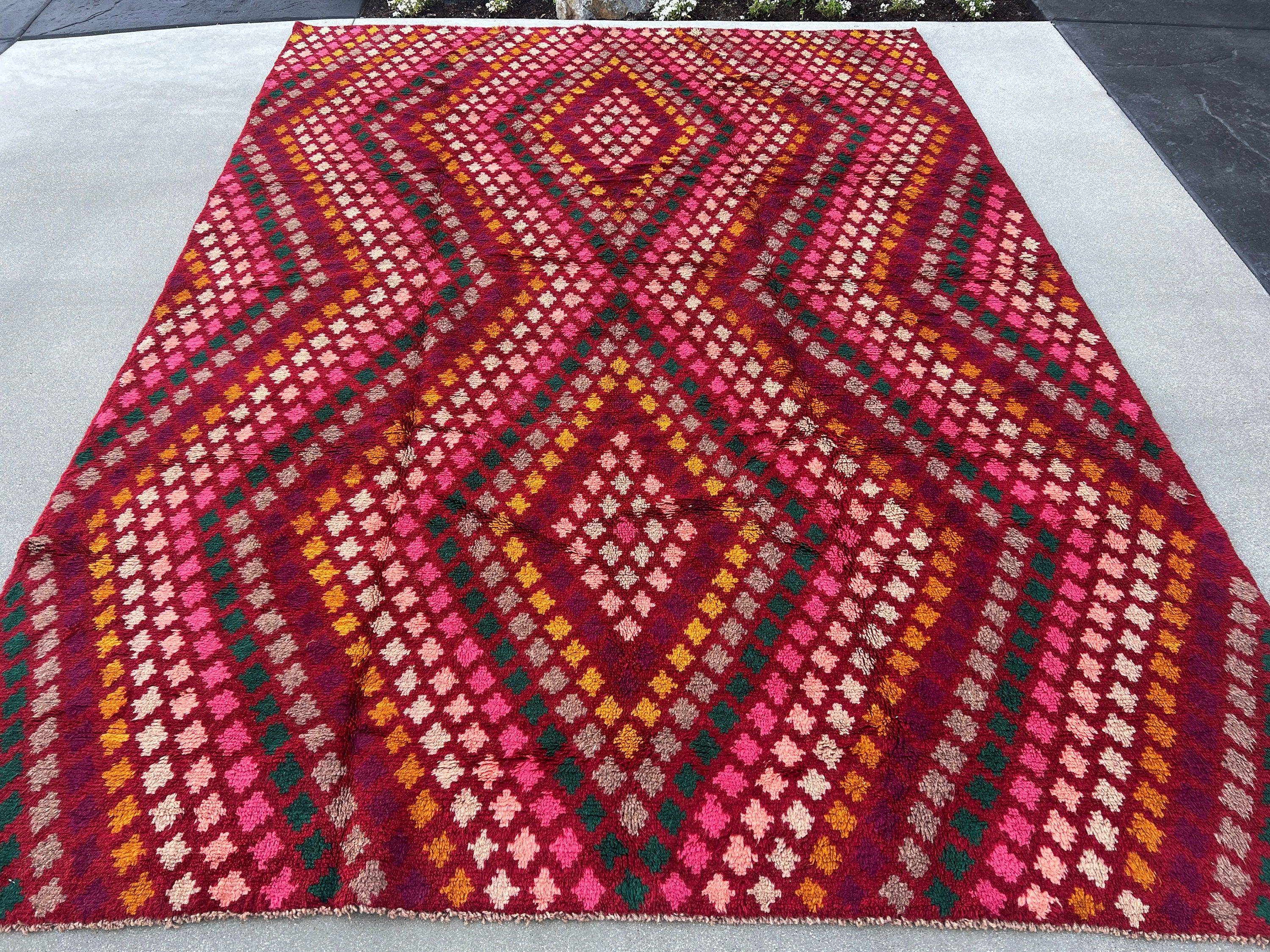 7x10 (215x305) Handmade Vintage Baluch Afghan Rug | Burgundy Red Ivory Pine Green Pink Eggplant Purple Orange Blush Pink Grey | Wool Boho