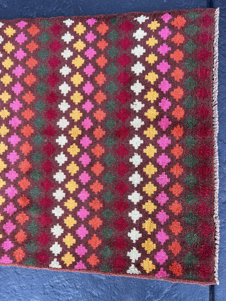 3x10 Handmade Vintage Baluch Afghan Runner Rug | Purple Mauve Auburn Chocolate Pine Blush Pink Mustard Burnt Orange Cream Ivory Wool