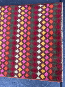 3x10 Handmade Vintage Baluch Afghan Runner Rug | Purple Mauve Auburn Chocolate Pine Blush Pink Mustard Burnt Orange Cream Ivory Wool