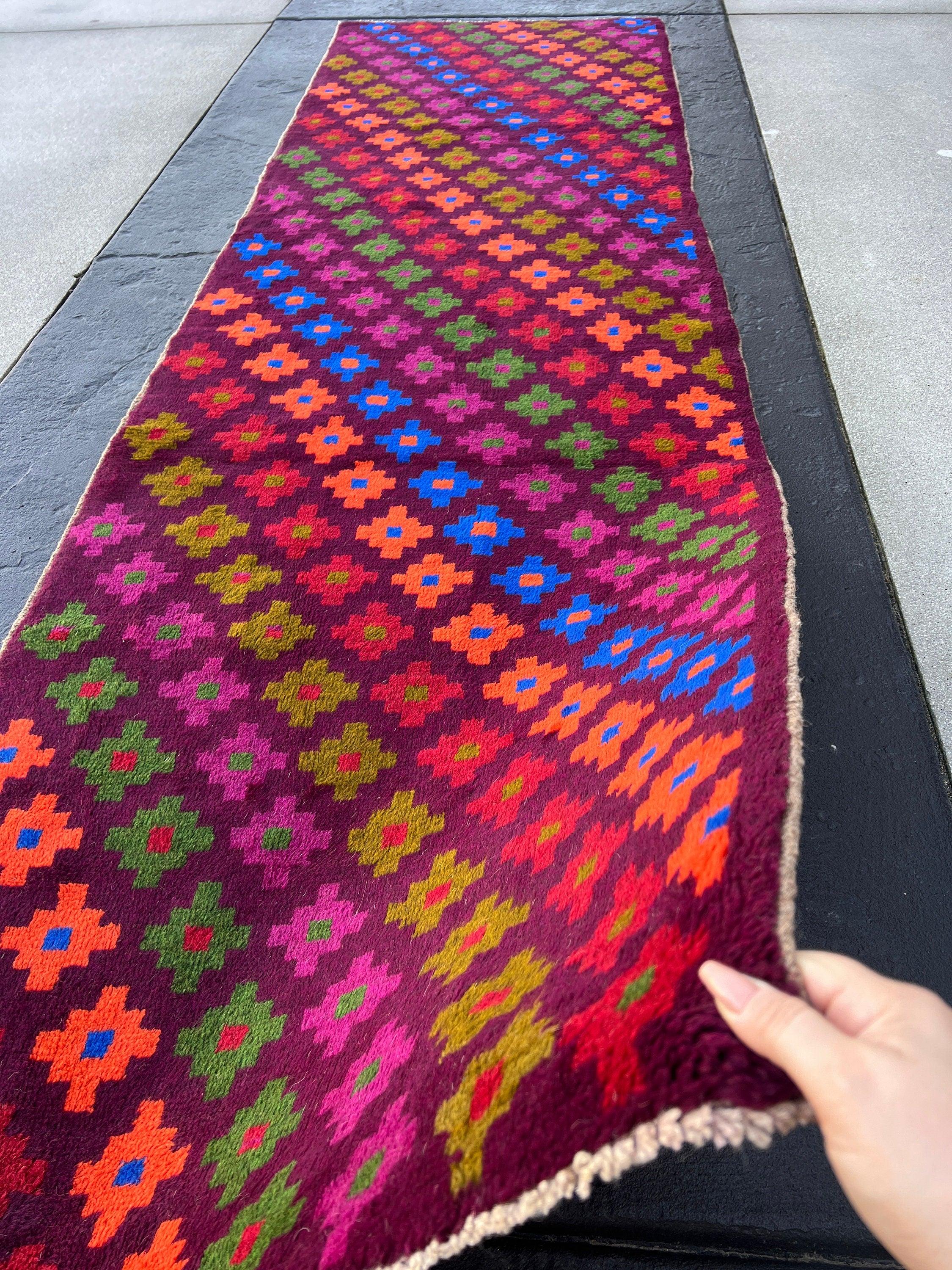 3x10 (90x305) Handmade Vintage Baluch Afghan Runner Rug | Purple Olive Green Magenta Coral Orange Pine Green Teal Blue Blood Red | Geometric