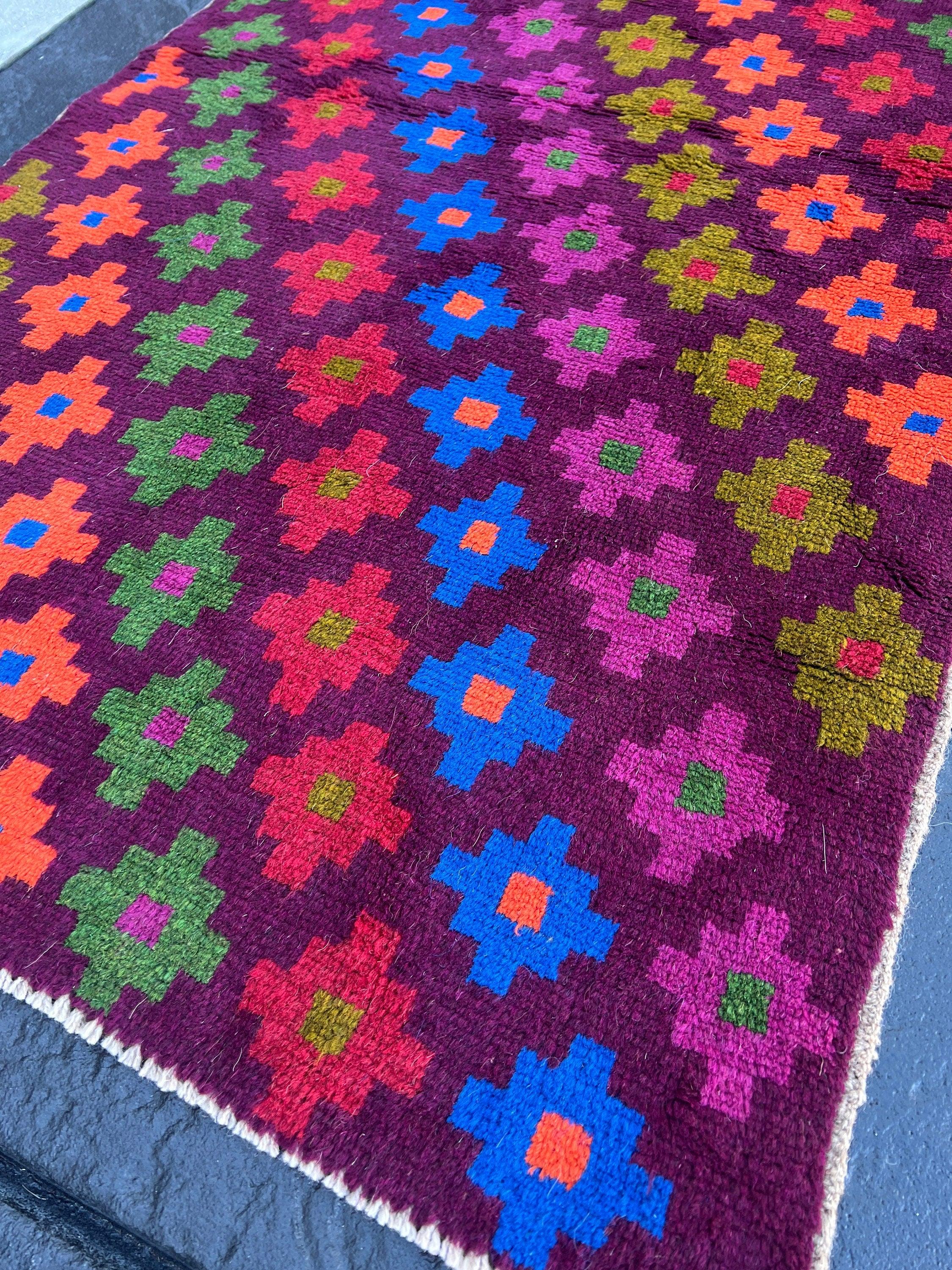 3x10 (90x305) Handmade Vintage Baluch Afghan Runner Rug | Purple Olive Green Magenta Coral Orange Pine Green Teal Blue Blood Red | Geometric