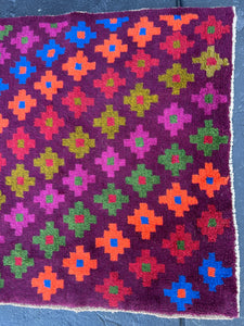 3x10 (90x305) Handmade Vintage Baluch Afghan Runner Rug | Purple Olive Green Magenta Coral Orange Pine Green Teal Blue Blood Red | Geometric
