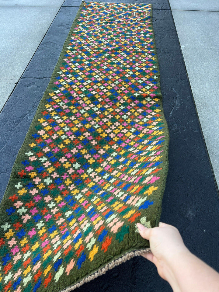 3x10 (90x305) Handmade Vintage Baluch Afghan Runner Rug | Forest Green Rose Pink Chocolate Brown Blush Pink Turquoise Blue Teal Hand Knotted