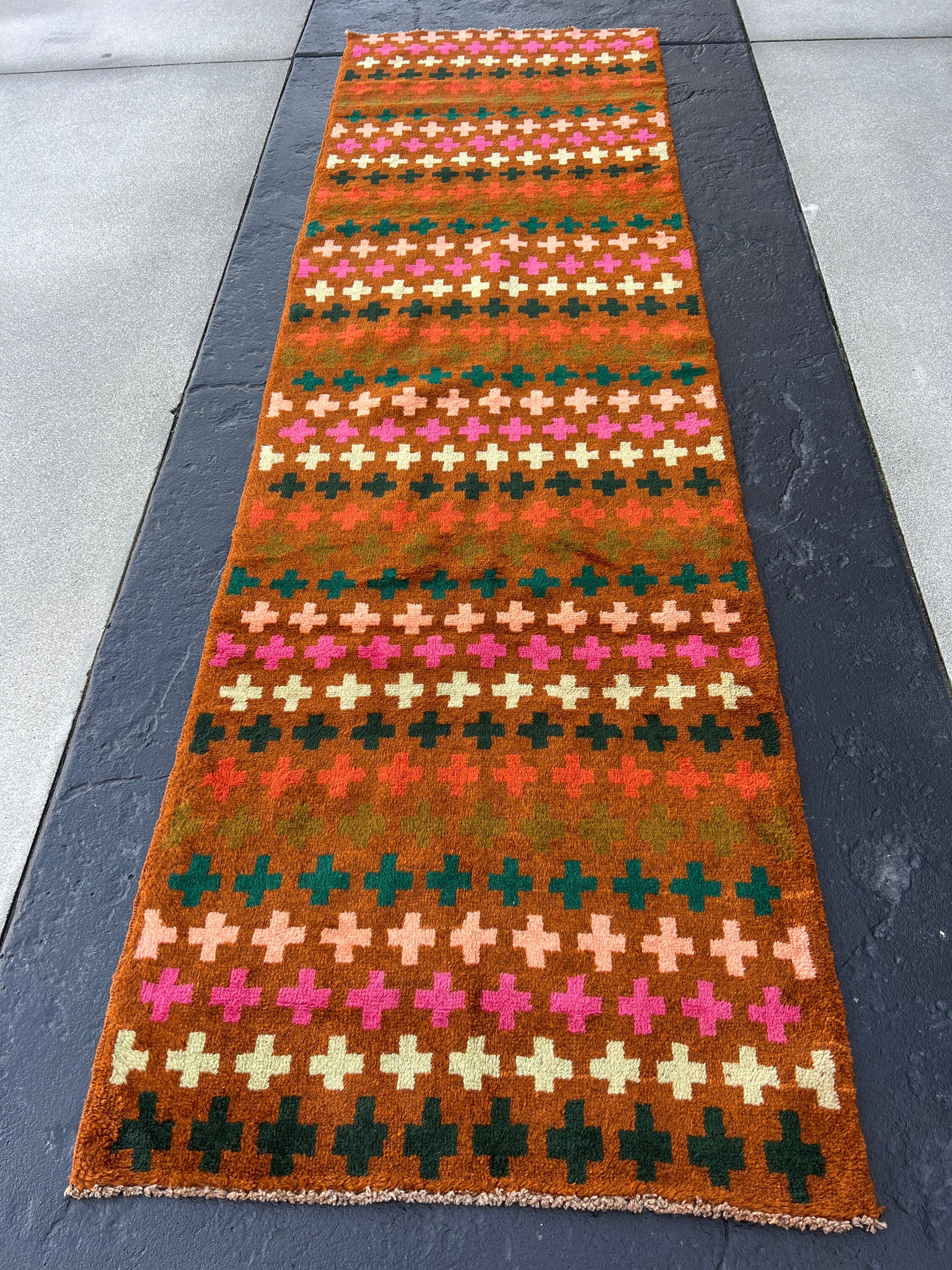 3x10 (90x305) Handmade Vintage Baluch Afghan Runner Rug | Copper Brown Blush Pink Pine Green Turquoise Moss Green Pink | Geometric Wool