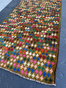 3x9 (90x275) Handmade Vintage Baluch Afghan Runner Rug | Moss Green Blue Aqua Coral Pink Pine Green Rose Pink|  Bohemian Colorful Multicolor