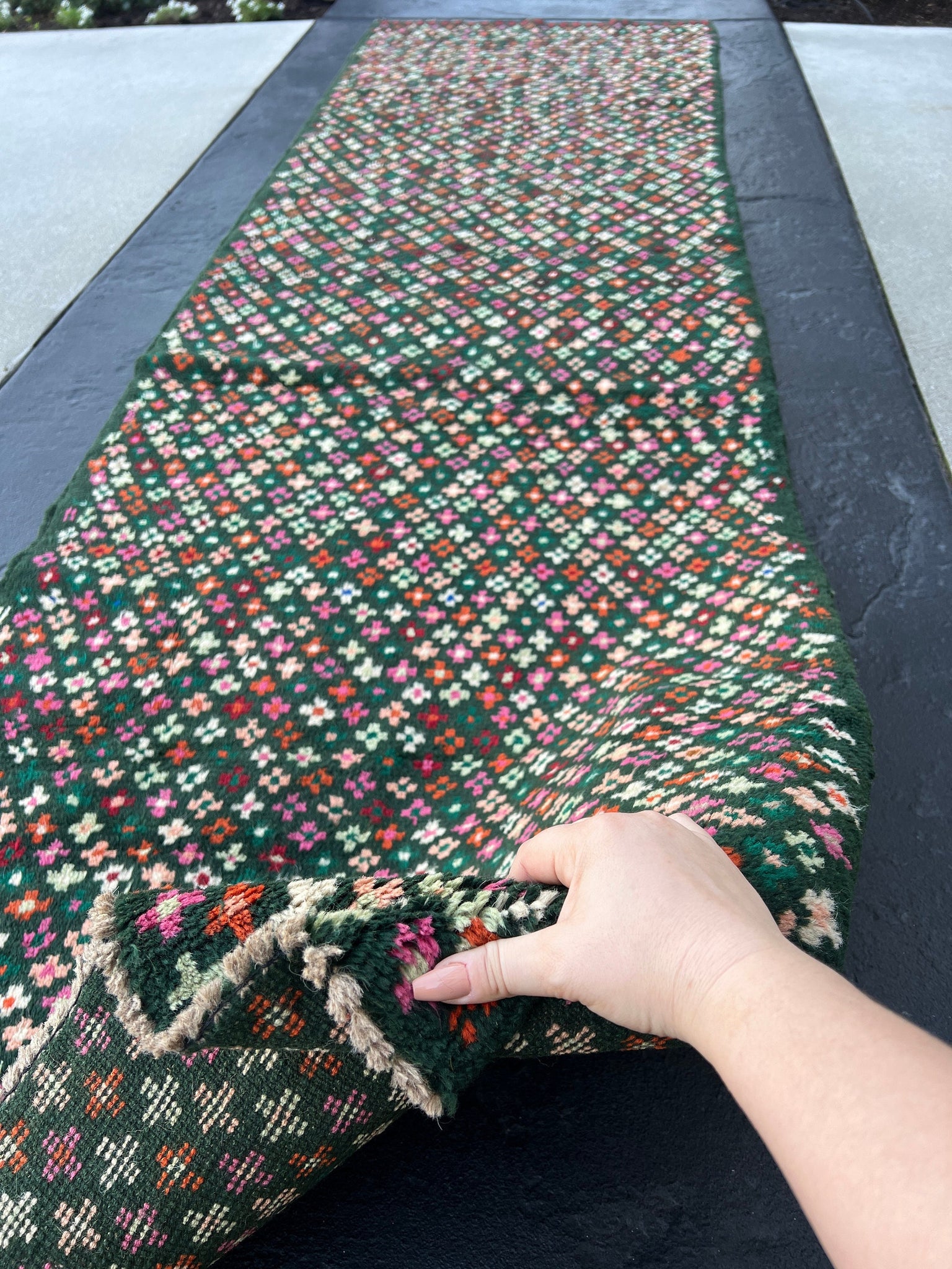 3x10 (90x305) Handmade Vintage Baluch Afghan Runner Rug | Pine Green Rose Pink Burnt Orange Blush Pink Turquoise Ivory | Hand Knotted Wool