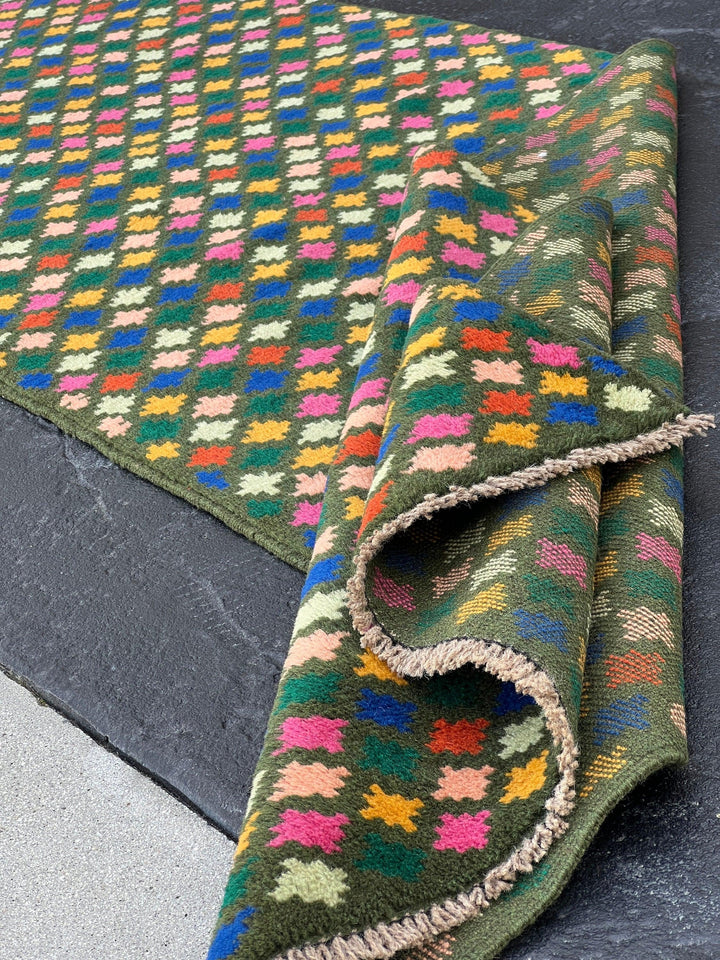 3x10 (90x305) Handmade Vintage Baluch Afghan Runner Rug | Pine Green Rose Blush Pink Turquoise Blue Mustard Hand Knotted Geometric Wool