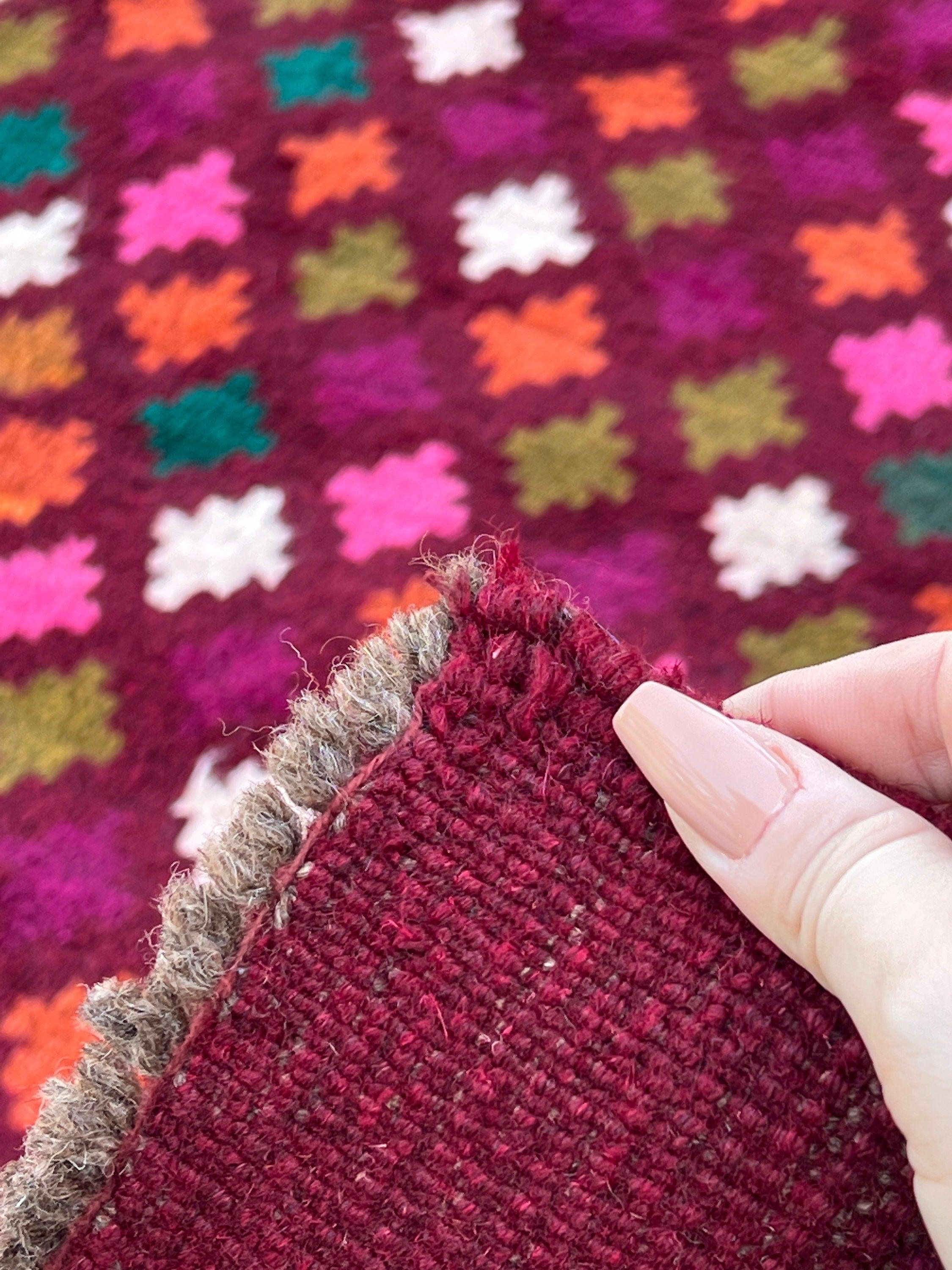 7x10 (215x305) Handmade Vintage Baluch Afghan Rug | Burgundy Red Orange Pine Green Cream Beige Pine Olive Green Blush Pink Purple