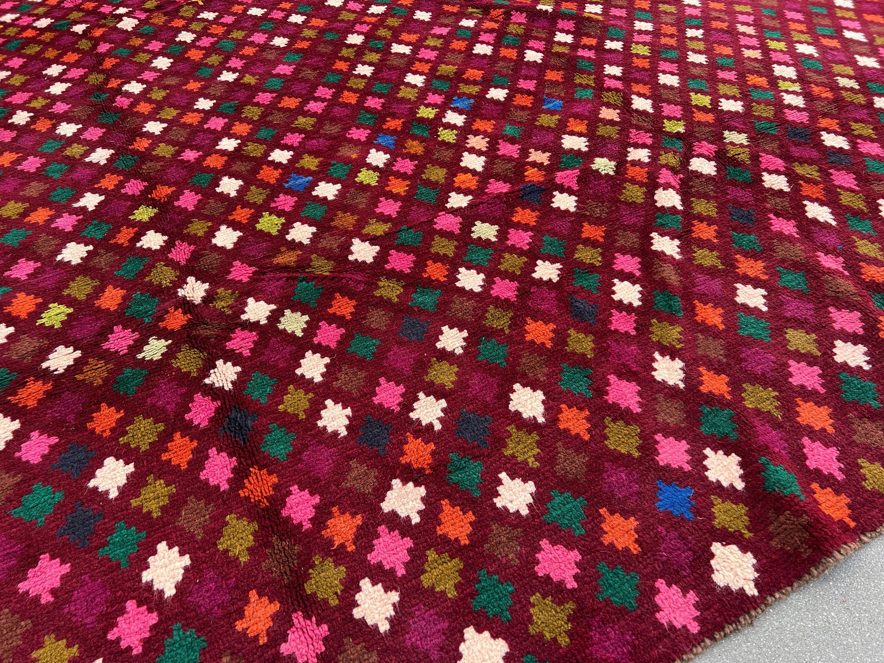 7x10 (215x305) Handmade Vintage Baluch Afghan Rug | Burgundy Red Orange Pine Green Cream Beige Pine Olive Green Blush Pink Purple