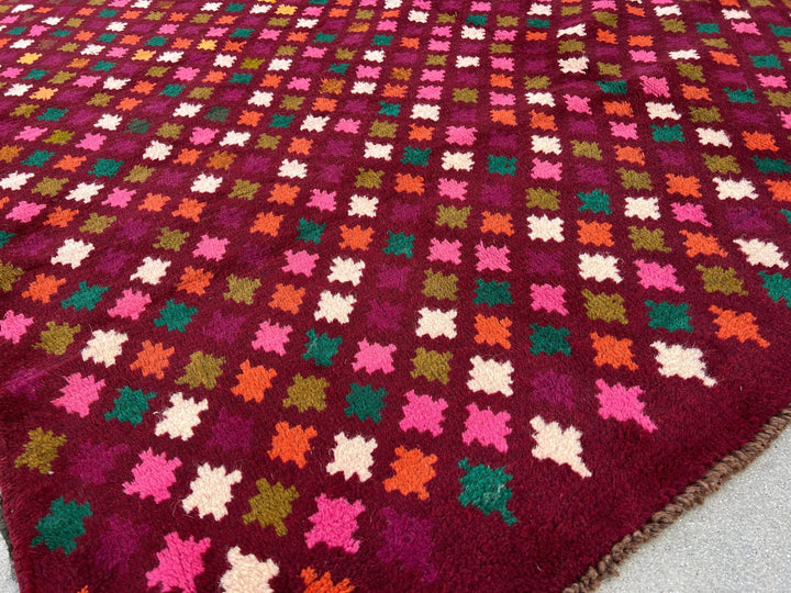 7x10 (215x305) Handmade Vintage Baluch Afghan Rug | Burgundy Red Orange Pine Green Cream Beige Pine Olive Green Blush Pink Purple