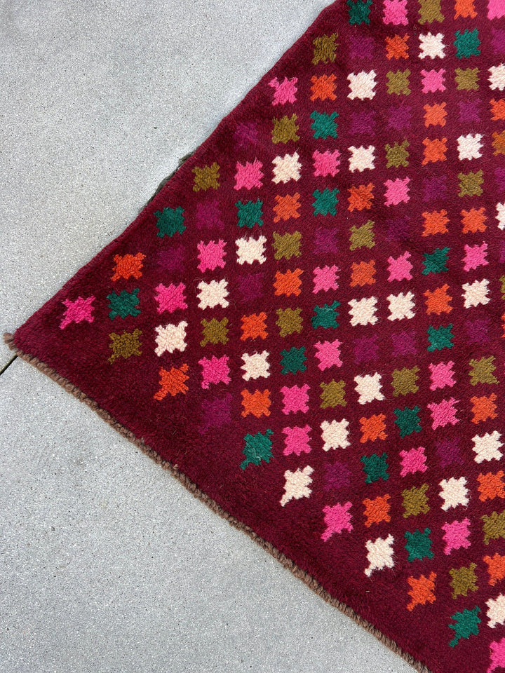 7x10 (215x305) Handmade Vintage Baluch Afghan Rug | Burgundy Red Orange Pine Green Cream Beige Pine Olive Green Blush Pink Purple