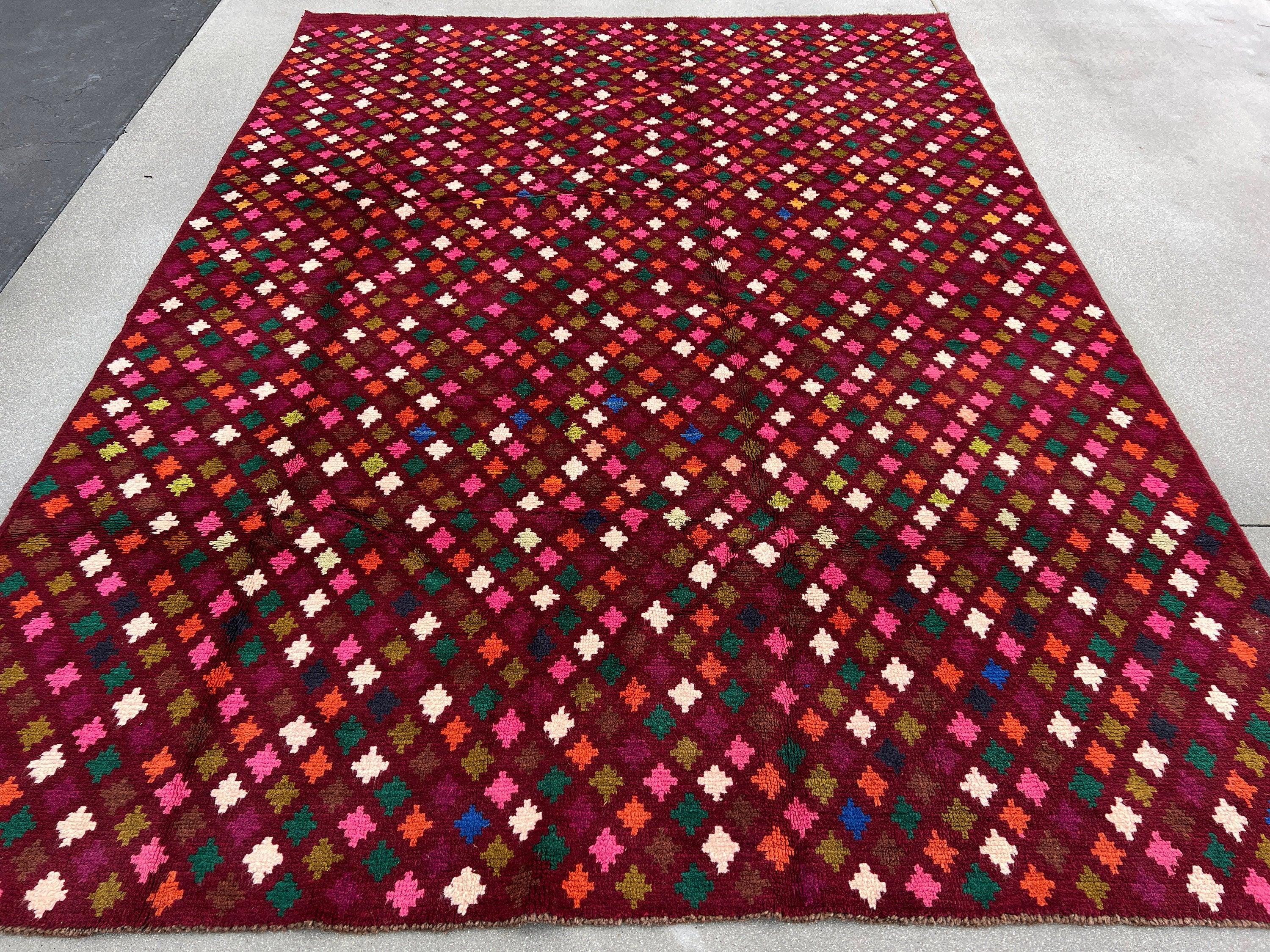 7x10 (215x305) Handmade Vintage Baluch Afghan Rug | Burgundy Red Orange Pine Green Cream Beige Pine Olive Green Blush Pink Purple