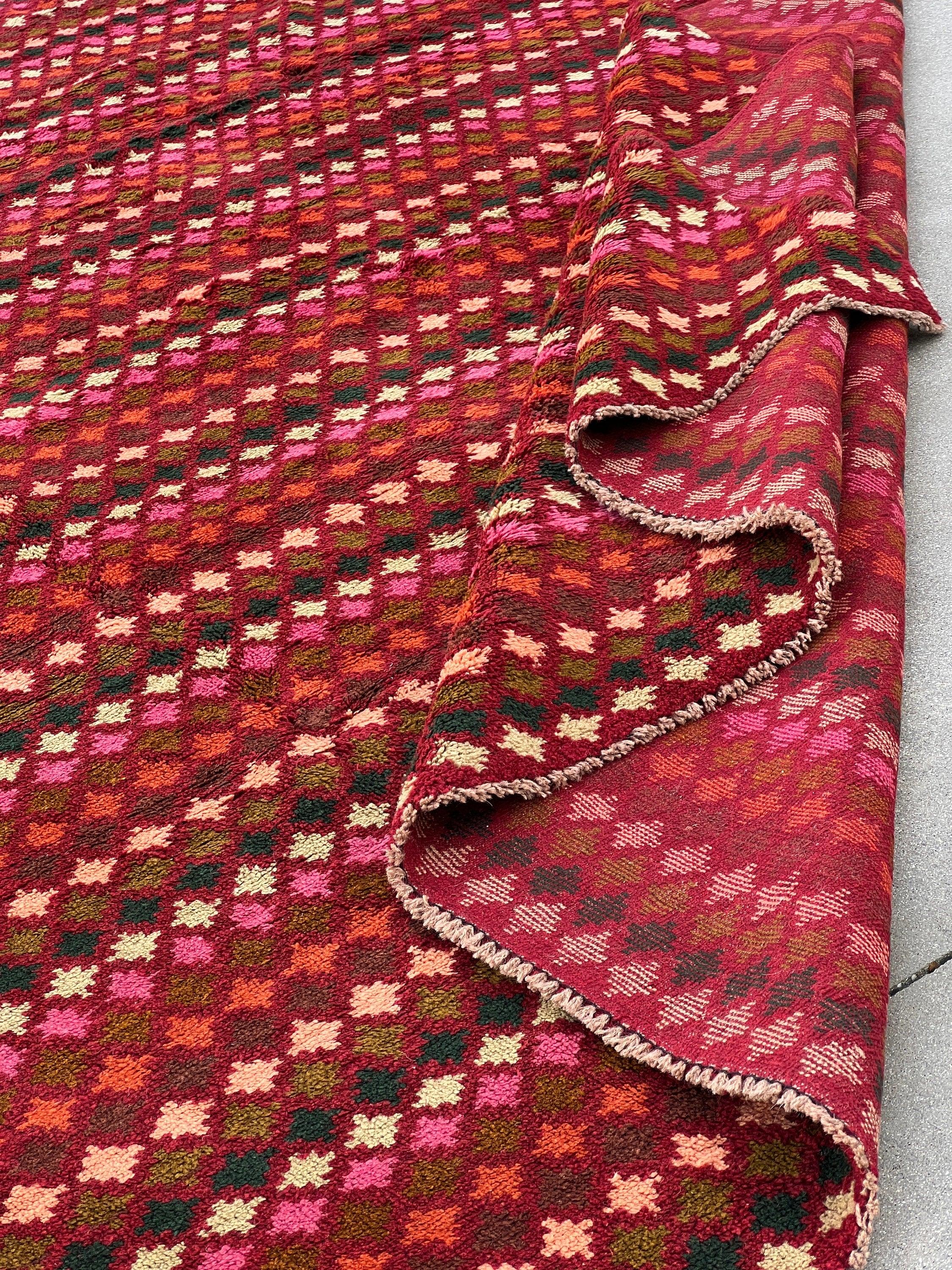 7x10 (215x305) Handmade Vintage Baluch Afghan Rug | Red Orange Pine Green Ivory Olive Green Rose Blush Pink Purple | Geometric Wool Boho