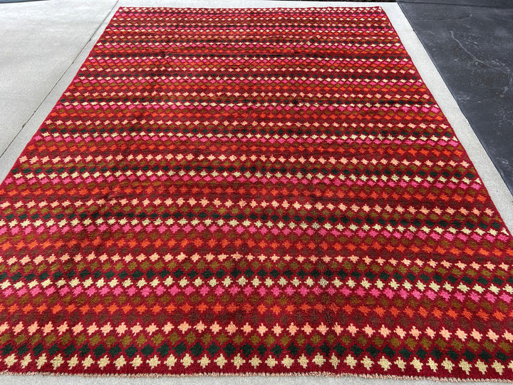 7x10 (215x305) Handmade Vintage Baluch Afghan Rug | Red Orange Pine Green Ivory Olive Green Rose Blush Pink Purple | Geometric Wool Boho