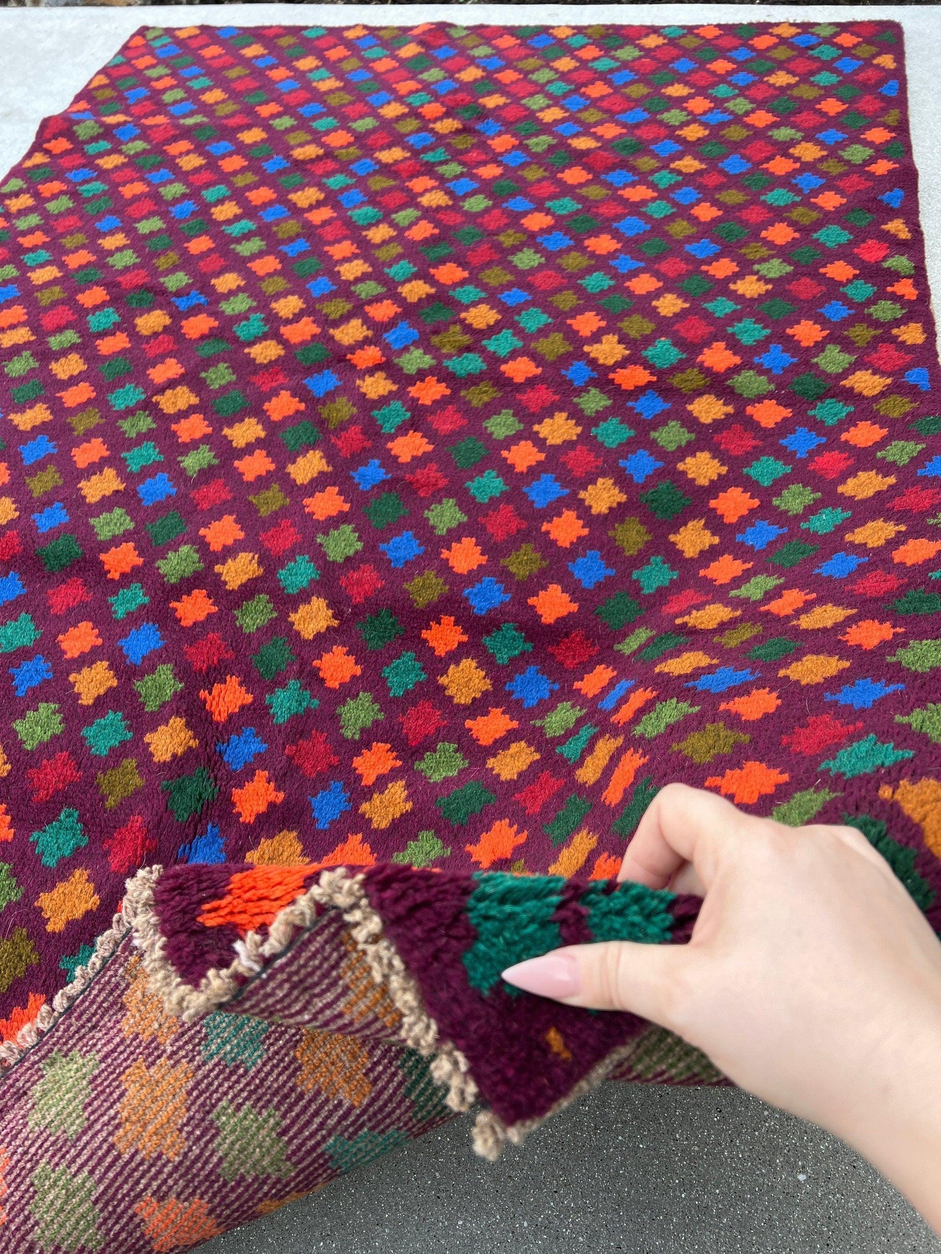 4x6 (120x185) Handmade Vintage Baluch Afghan Rug | Purple Orange Caramel Moss Green Blue Soft Thick Tribal Boho Bohemian Colorful Multicolor