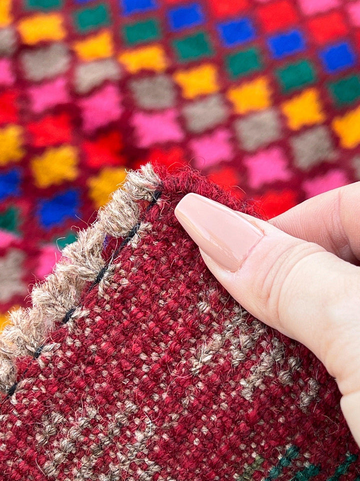 7x10 (215x305) Handmade Vintage Baluch Afghan Rug | Burgundy Mustard Yellow Pine Green Grey Blush Pink Blue Red | Geometric Persian Wool