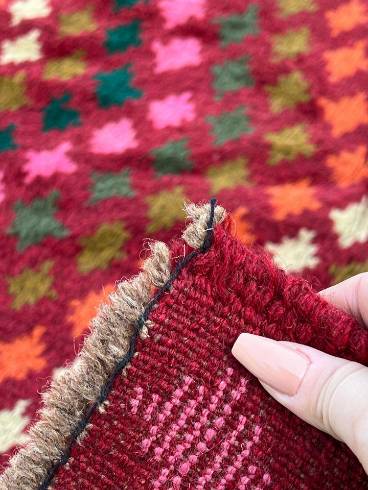 7x10 (215x305) Handmade Vintage Baluch Afghan Rug | Cherry Red Orange Pine Green Ivory Olive Green Rose Blush Pink Chocolate Geometric Wool