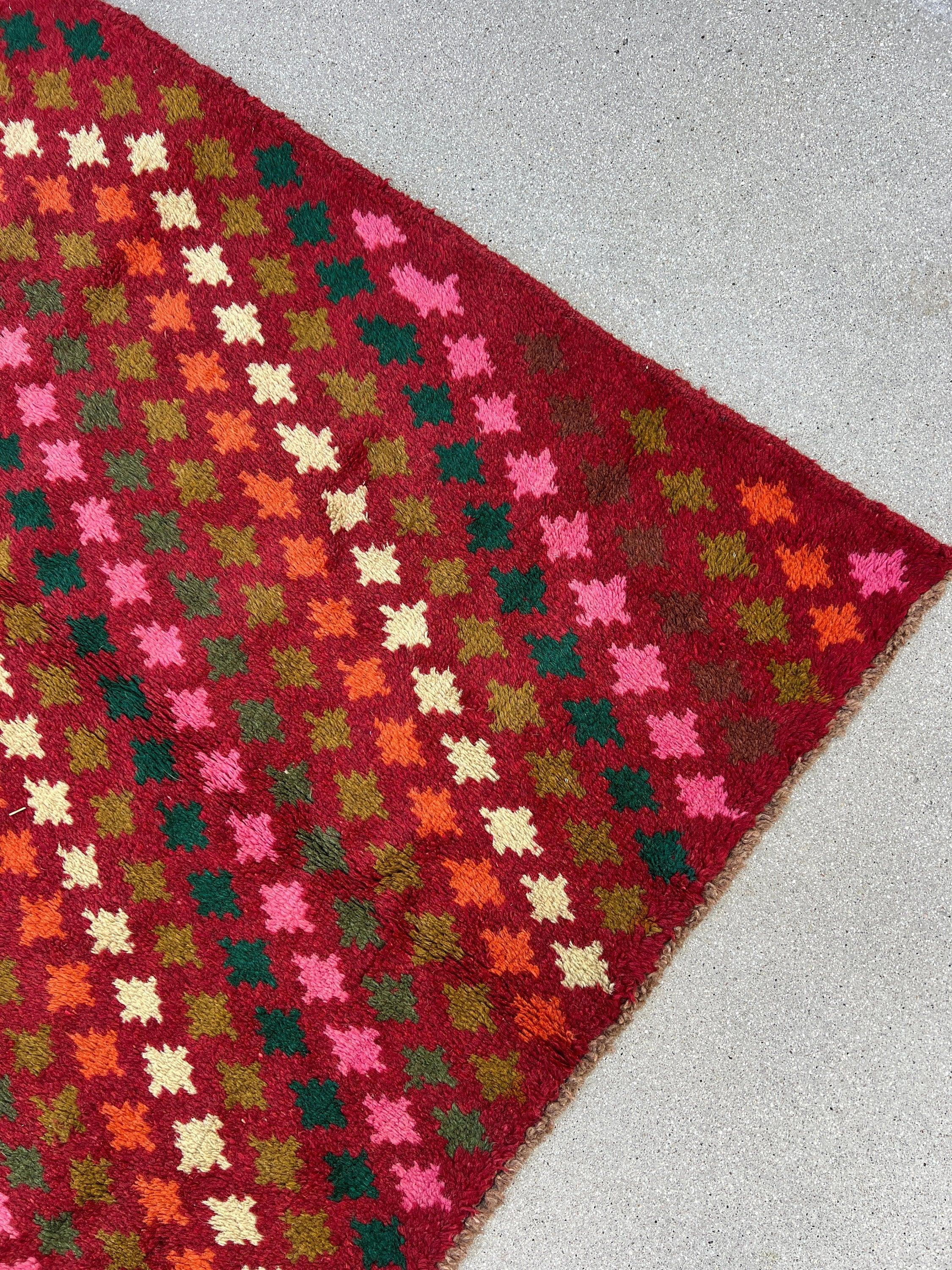 7x10 (215x305) Handmade Vintage Baluch Afghan Rug | Cherry Red Orange Pine Green Ivory Olive Green Rose Blush Pink Chocolate Geometric Wool