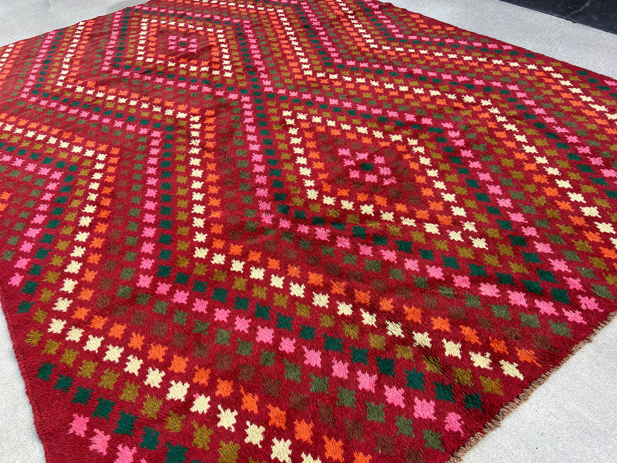 7x10 (215x305) Handmade Vintage Baluch Afghan Rug | Cherry Red Orange Pine Green Ivory Olive Green Rose Blush Pink Chocolate Geometric Wool