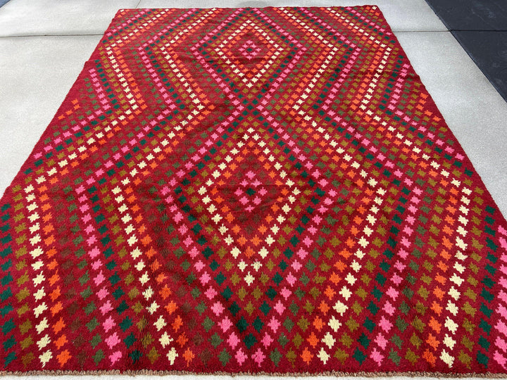 7x10 (215x305) Handmade Vintage Baluch Afghan Rug | Cherry Red Orange Pine Green Ivory Olive Green Rose Blush Pink Chocolate Geometric Wool