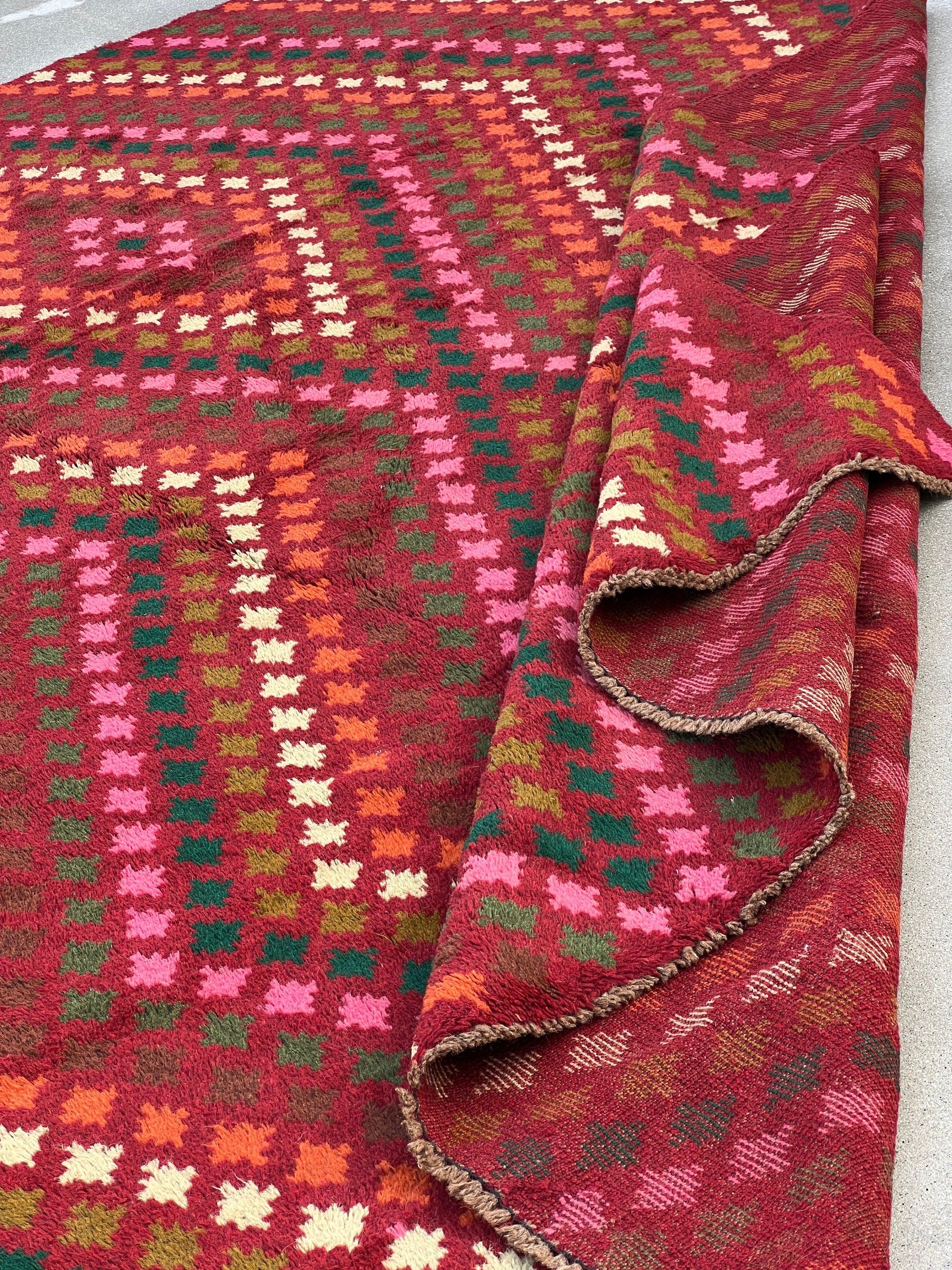 7x10 (215x305) Handmade Vintage Baluch Afghan Rug | Cherry Red Orange Pine Green Ivory Olive Green Rose Blush Pink Chocolate Geometric Wool