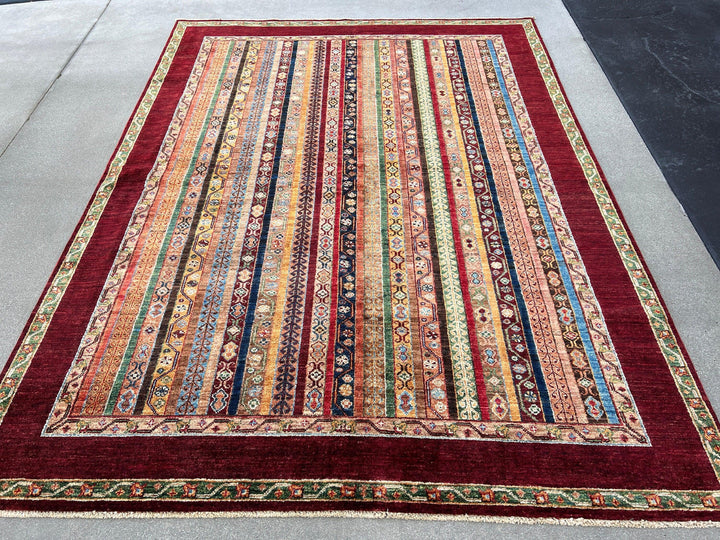 6x8 (180x245) Handmade Afghan Rug | Brick Red Denim Blue Chocolate Olive Green Cream Beige Tan | Geometric Hand Knotted Wool