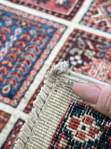 6x8 (180x245) Fair Trade Handmade Afghan Rug | Cream Beige Midnight Blue Forest Green Orange Denim Blue Crimson Blue | Hand Knotted Wool