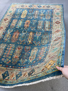 5x7 (150x215) Handmade Afghan Rug| Denim Blue Caramel Crimson Red Teal Chocolate Mustard Yellow Tan Grey | Geometric Tribal Knotted Wool
