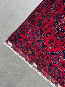 4x6 (120x185) Handmade Afghan Rug | Cherry Red Crimson Black Ivory Burnt Orange Charcoal Grey | Khal Mohammadi Wool Tribal Knotted