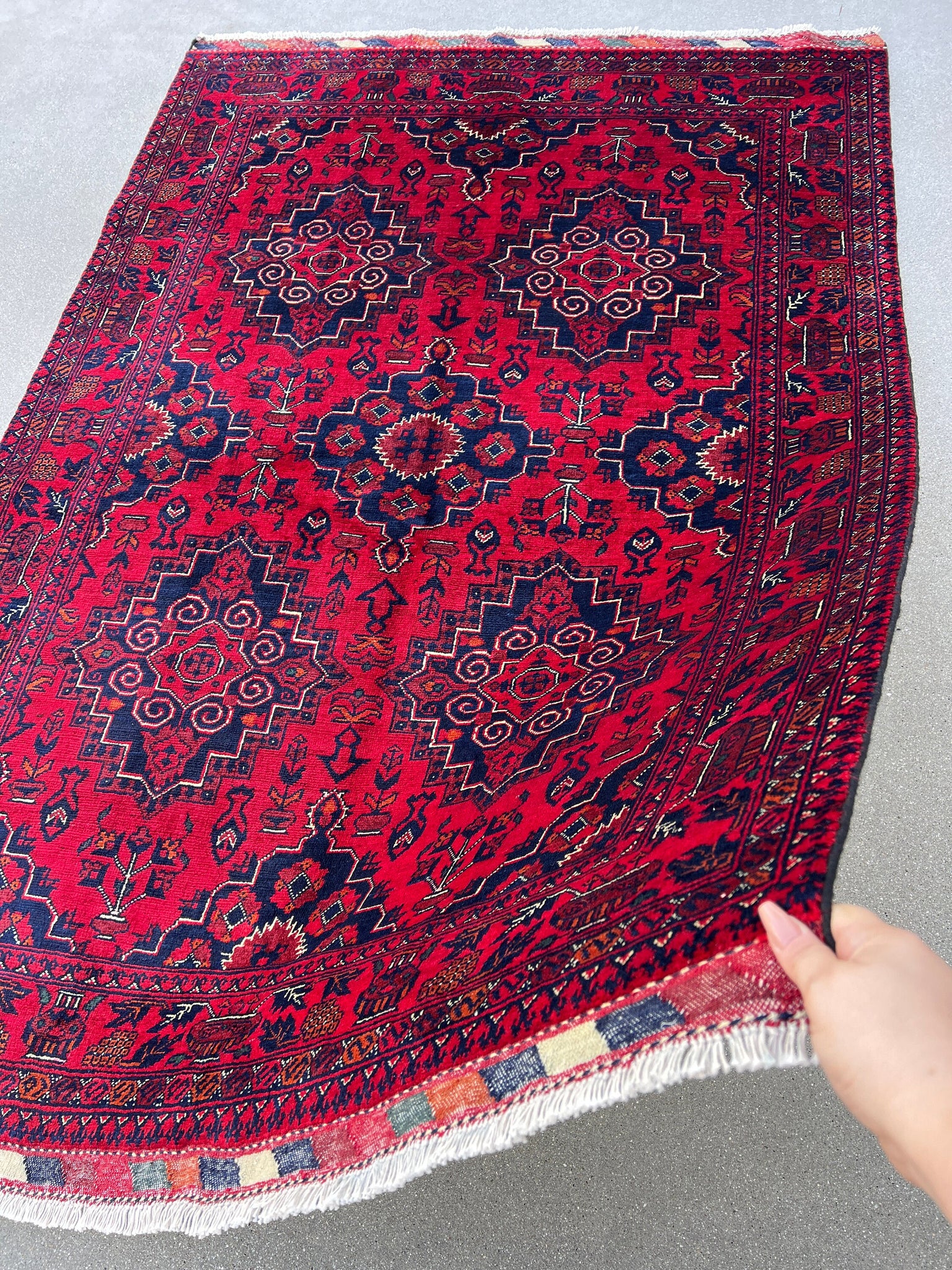 4x6 (120x185) Handmade Afghan Rug | Cherry Red Crimson Black Ivory Burnt Orange Charcoal Grey | Khal Mohammadi Wool Tribal Knotted