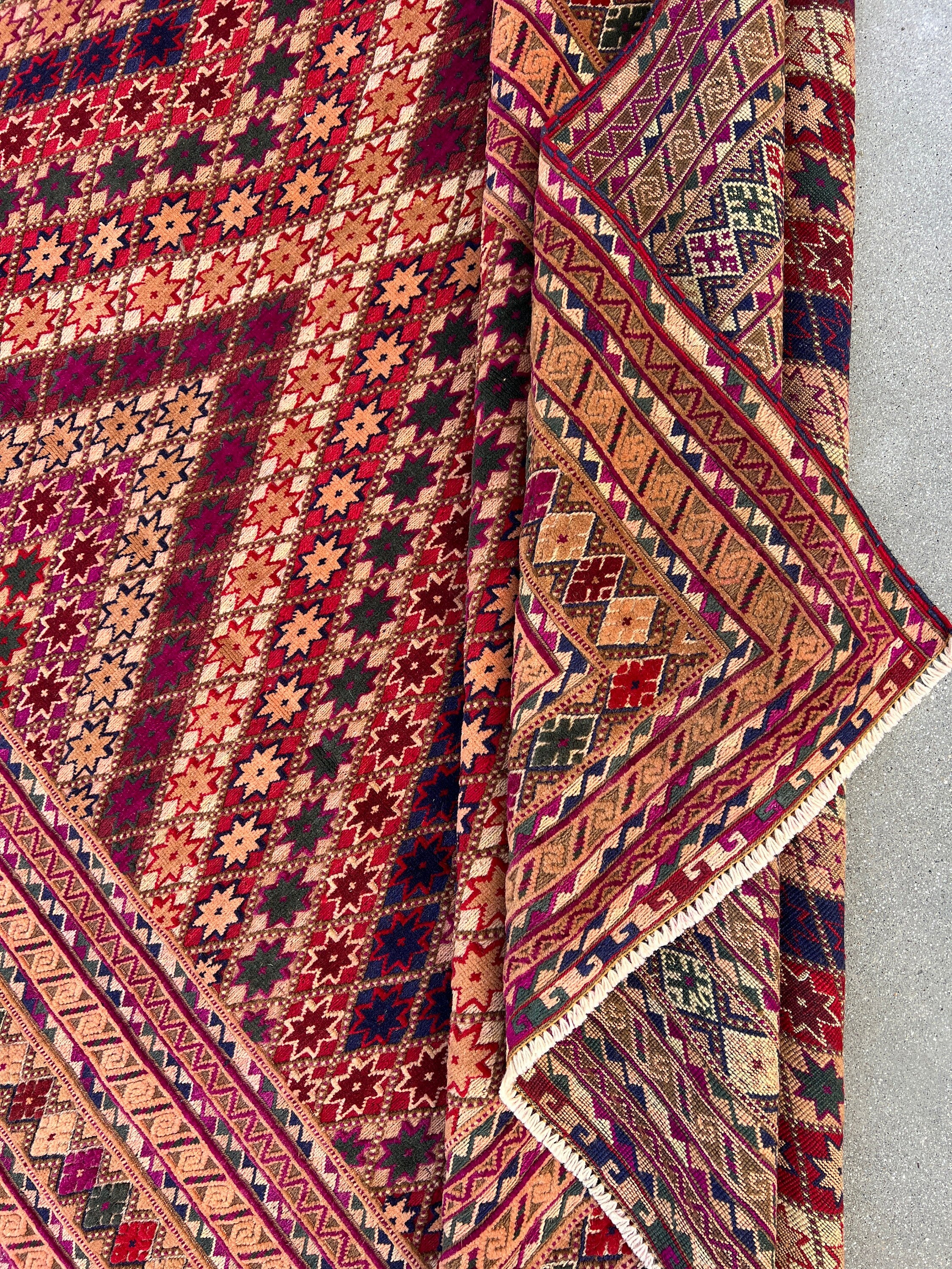 6x9 (180x275) Handmade Vintage Baluch Afghan Rug | Magenta Crimson Red Moss Green Cherry Red Caramel Midnight Blue Pine Green | Hand Knotted