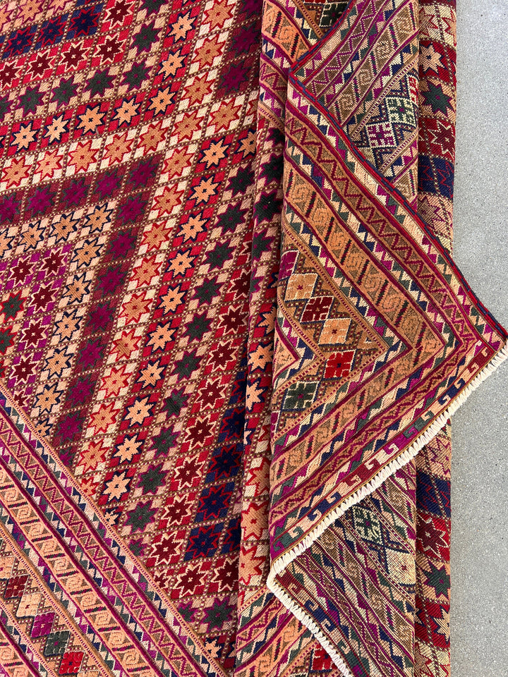 6x9 (180x275) Handmade Vintage Baluch Afghan Rug | Magenta Crimson Red Moss Green Cherry Red Caramel Midnight Blue Pine Green | Hand Knotted