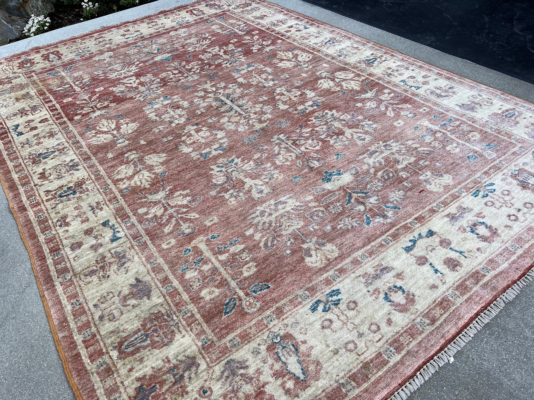 6x8 (180x245) Vintage Handmade Afghan Rug | Muted Coral Salmon Pink Cream Beige Teal Tan Caramel | Hand Knotted Oriental Floral Wool Persian