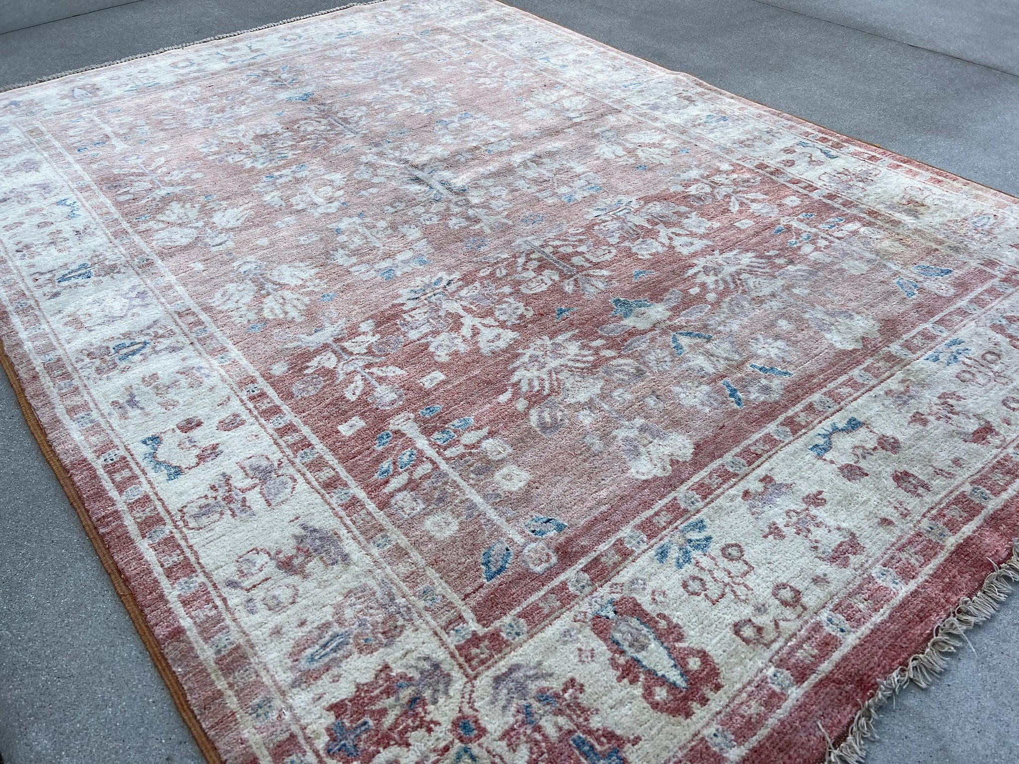 6x8 (180x245) Vintage Handmade Afghan Rug | Muted Coral Salmon Pink Cream Beige Teal Tan Caramel | Hand Knotted Oriental Floral Wool Persian