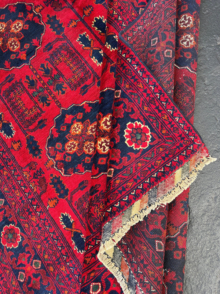 5x7 (150x215) Fair Trade Handmade Afghan Rug | Cherry Red Black Mustard Yellow Burnt Orange Pine Green Crimson Red | Hand Knotted Floral