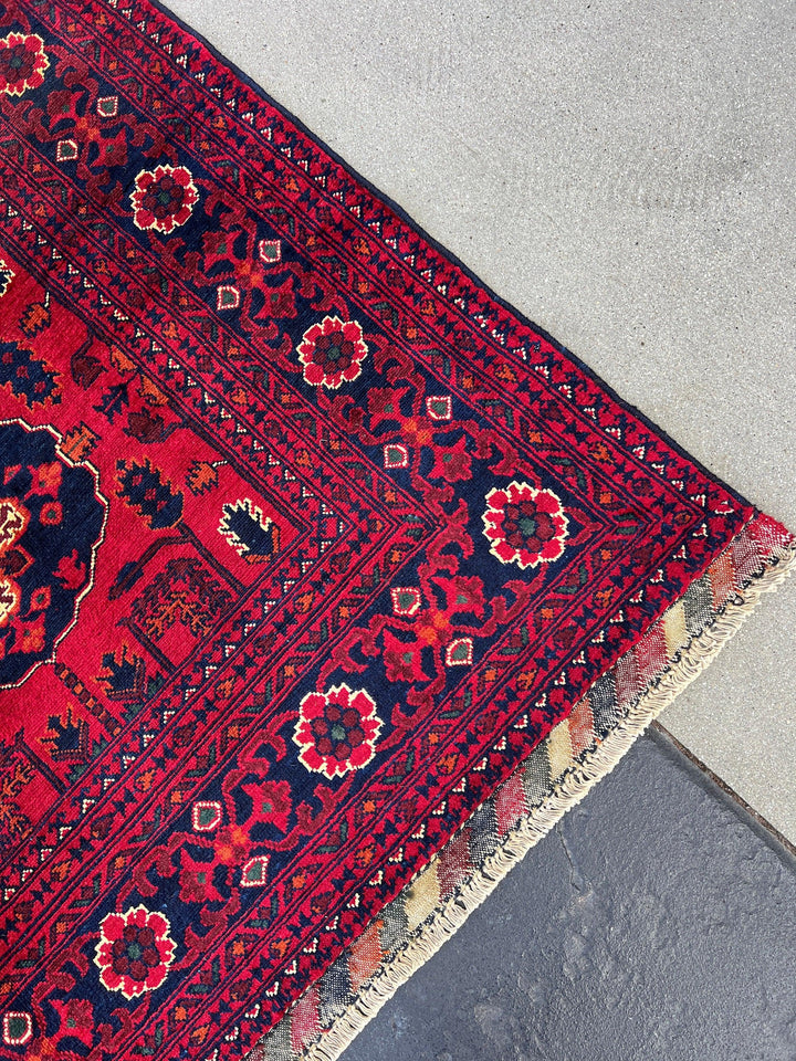 5x7 (150x215) Fair Trade Handmade Afghan Rug | Cherry Red Black Mustard Yellow Burnt Orange Pine Green Crimson Red | Hand Knotted Floral