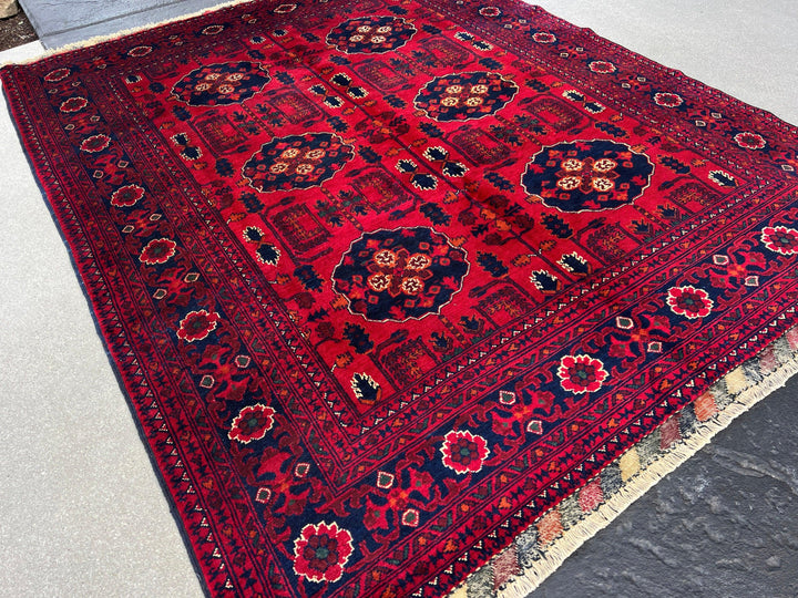 5x7 (150x215) Fair Trade Handmade Afghan Rug | Cherry Red Black Mustard Yellow Burnt Orange Pine Green Crimson Red | Hand Knotted Floral