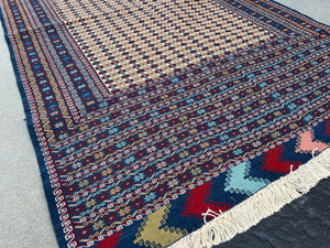 4x7 (120x215) Handmade Vintage Soumak Afghan Rug | Midnight Blue Blood Red Mustard Yellow Sky Blue Crimson Red Olive Green Tan Gold Teal