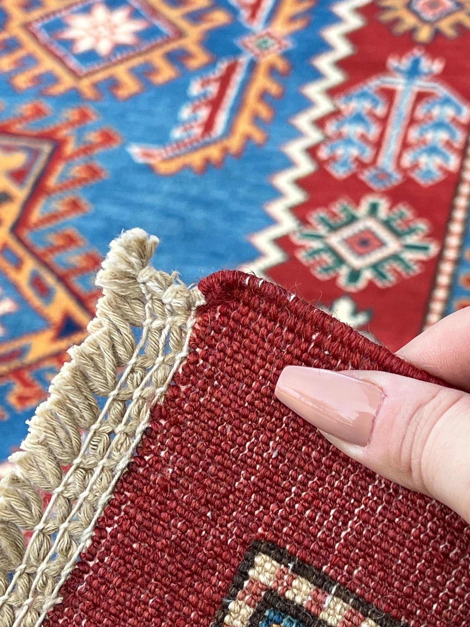 5x8 (150x245) Handmade Afghan Rug | Blood Crimson Red Denim Blue White Ivory Cream Beige Pine Green Orange Black Hand Knotted Geometric Wool