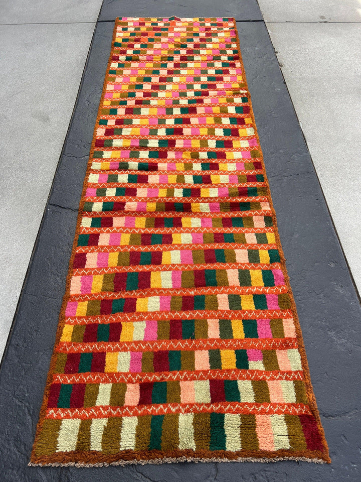 3x9 (90x275) Handmade Vintage Baluch Afghan Runner Rug | Burnt Orange Pine Green Blush Pink Crimson Red Moss Green Rose Pink Mustard Yellow