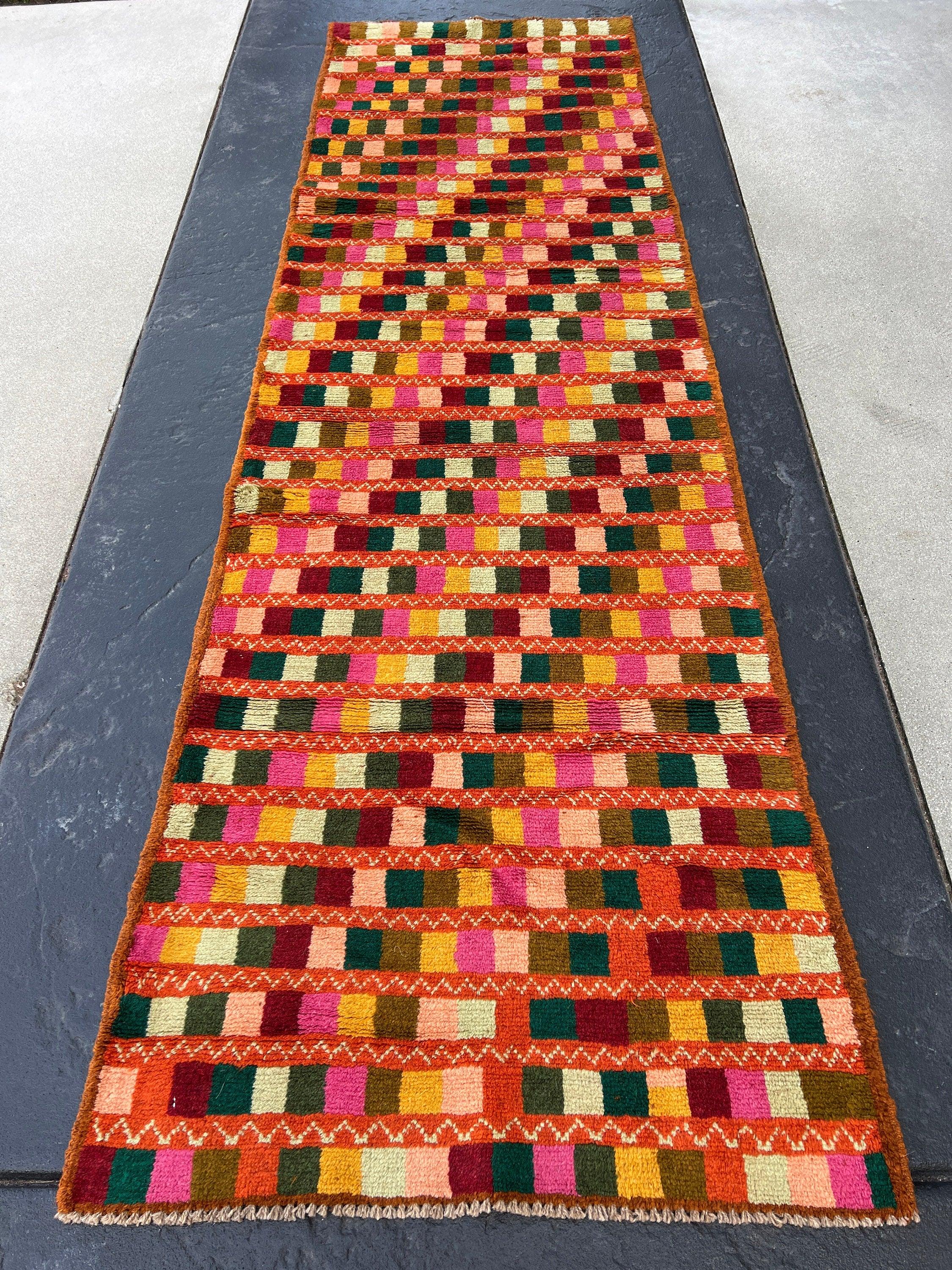 3x9 (90x275) Handmade Vintage Baluch Afghan Runner Rug | Burnt Orange Pine Green Blush Pink Crimson Red Moss Green Rose Pink Mustard Yellow