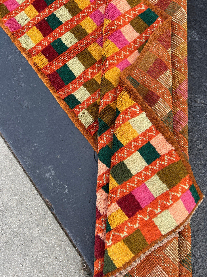 3x9 (90x275) Handmade Vintage Baluch Afghan Runner Rug | Burnt Orange Pine Green Blush Pink Crimson Red Moss Green Rose Pink Mustard Yellow