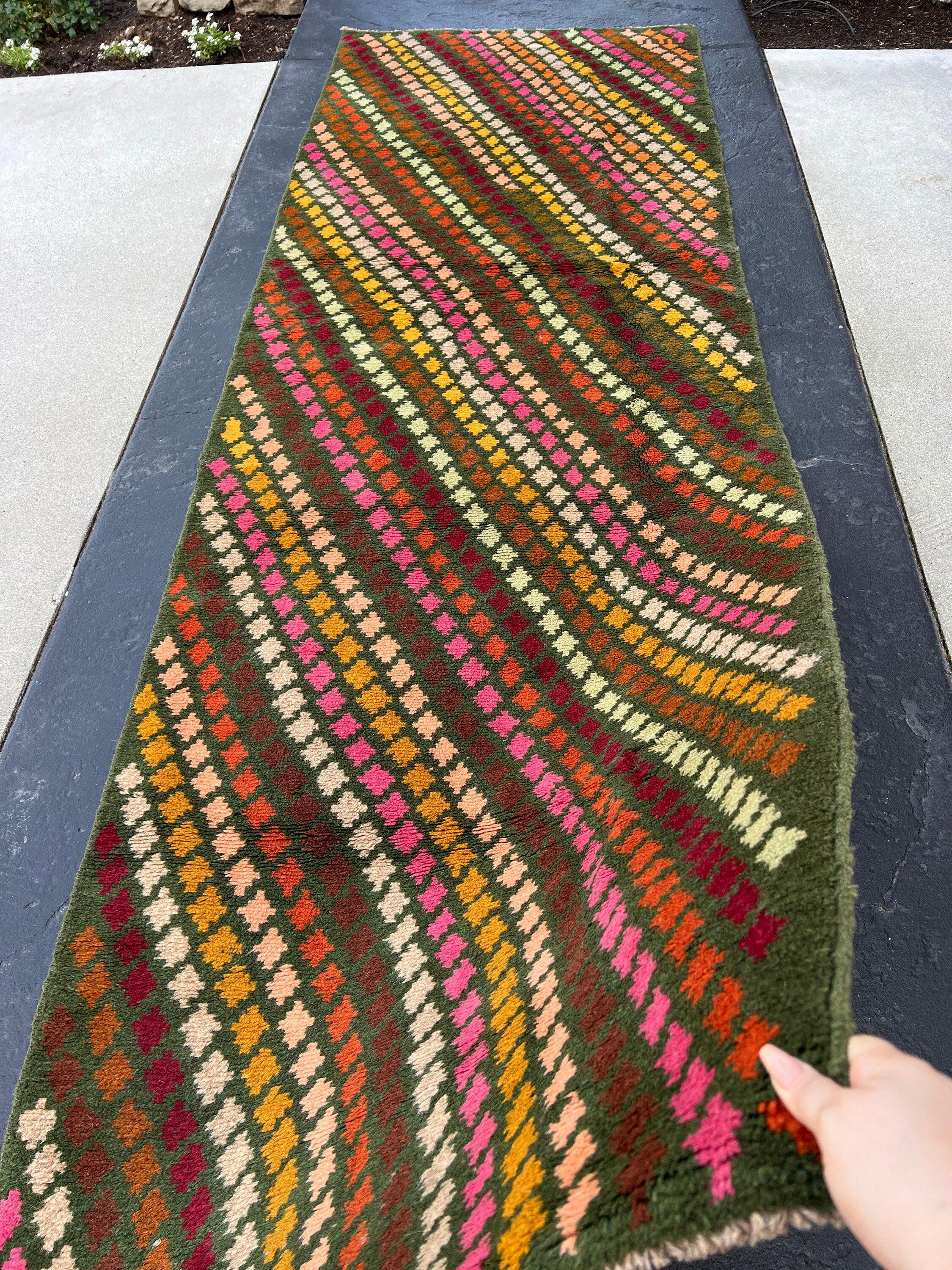 3x10 (90x305) Handmade Vintage Baluch Afghan Runner Rug | Fern Green Blush Pink Turquoise Blue Mustard Rose Pink Chocolate | Geometric Wool